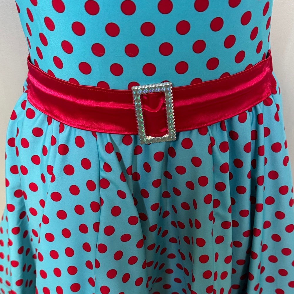 Weissman Turquoise Polka Dot One-Shoulder Party Dress with Red Accents - Picture 3 of 9